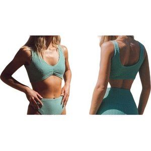 Montce Kim Crochet Bikini TOP ONLY Sz M Turquoise V-Neck Ruche Bust NWT $92